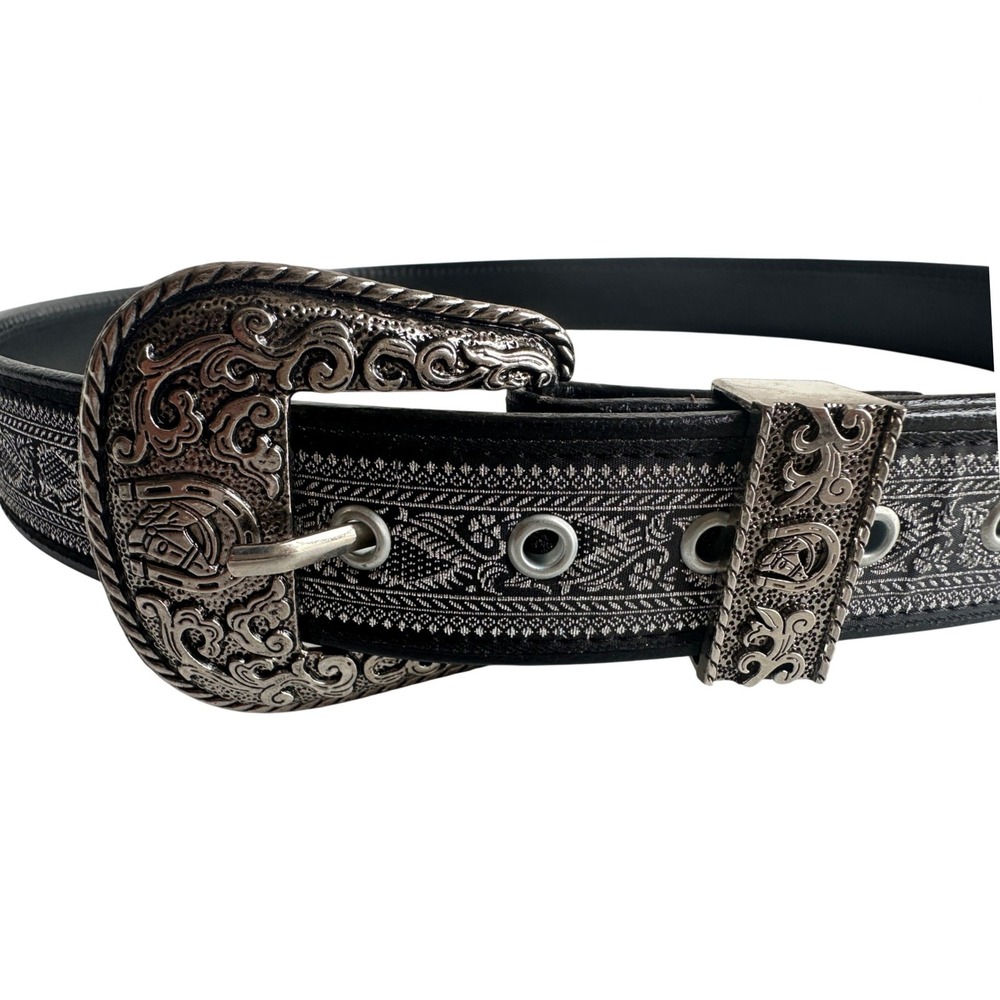 Men's Black Western Belt Silver Tone‎ Ornate Horseshoe Buckle Size 42 Mexico